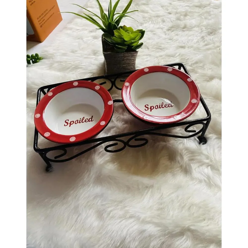 Double Ceramic Pet Bowls with Metal Stand - Red Polka Dot Design